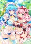  2girls :d absurdres animal_ear_fluff animal_ears asymmetrical_docking asymmetrical_legwear bare_shoulders bikini black_bikini blue_bikini blue_hair blue_sky blue_theme breast_press breasts cat_ears cat_girl cat_tail cherry cleavage closed_mouth cloud commentary_request copyright_request day double_bun fang food fruit green_eyes hair_bun highres hinata_momo holding holding_tray large_breasts layered_bikini long_hair looking_at_viewer maid_headdress medium_breasts mismatched_legwear multiple_girls outdoors palm_tree parfait pink_hair purple_eyes red_bikini single_thighhigh sky smile standing standing_on_one_leg striped striped_thighhighs swimsuit tail thighhighs tray tree vertical-striped_thighhighs vertical_stripes very_long_hair water white_thighhighs 
