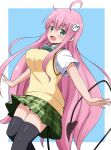  1girl :d ahoge aikawa_ryou bangs black_thighhighs blue_background blush bow breasts collared_shirt commentary_request demon_tail green_bow green_eyes green_skirt hair_between_eyes hair_ornament highres lala_satalin_deviluke large_breasts long_hair looking_at_viewer pink_hair plaid plaid_skirt pleated_skirt school_uniform shirt short_sleeves skirt smile solo sweater_vest tail thighhighs to_love-ru two-tone_background very_long_hair white_background white_shirt 