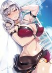  1girl arm_strap arm_under_breasts bangs bare_shoulders bikini blush breasts carmilla_(fate) carmilla_(swimsuit_rider)_(fate) commentary_request eyewear_on_head fate/grand_order fate_(series) fue_(rhomphair) grey_hair highres large_breasts long_hair lying navel on_back outdoors parted_lips red_bikini signature smile solo sunglasses swimsuit yellow_eyes 