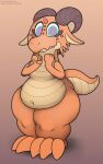  ambiguous_gender anthro belly big_belly butt digital_media_(artwork) female foxball happy hi_res horn kobold looking_at_viewer lying navel nude on_front reptile scalie simple_background smile solo standing thick_thighs thick_tights wide_hips 