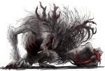  1other absurdres antlers bloodborne cleric_beast grey_fur highres kankan33333 monster no_eyes open_mouth ribs sharp_teeth simple_background solo teeth white_background 