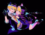  1boy 1girl arms_up bangs bent_over black_background black_gloves blonde_hair blue_eyes bow bowtie eye_contact eyebrows_hidden_by_hair gloves hair_between_eyes holding holding_scissors kagamine_len kagamine_rin kneeling lapels long_sleeves looking_at_another neon_palette notched_lapels nunosei parted_bangs parted_lips patch pointy_ears project_diva_(series) scissors scissors_(module) short_sleeves simple_background tokyo_teddy_bear_(vocaloid) tongue tongue_out tricker_(module) vocaloid yellow_bow yellow_bowtie yumekui_shirokuro_baku_(vocaloid) 