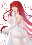  1girl absurdres ass back bouquet breasts bride closed_mouth cojohn fate/grand_order fate_(series) flower gloves hair_ornament highres holding holding_bouquet large_breasts long_hair looking_at_viewer oda_nobunaga oda_nobunaga_(fate) oda_nobunaga_(maou_avenger)_(fate) red_eyes red_hair rose sideboob very_long_hair white_background 