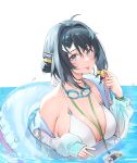  1girl :p arknights bangs bare_shoulders bikini black_hair blush breasts goggles goggles_around_neck grey_eyes hair_between_eyes hand_up highres holding holding_whistle innertube la_pluma_(arknights) la_pluma_(summer_flowers)_(arknights) lanyard large_breasts long_sleeves looking_at_viewer off_shoulder partially_submerged short_hair simple_background smile solo swimsuit tongue tongue_out upper_body water whistle white_background white_bikini zayur 