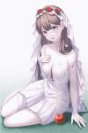  1girl apple bangs blue_eyes breasts bridal_gauntlets brown_hair cleavage commentary_request dress food fruit gloves grimlight highres idea_0709 korean_commentary long_hair open_mouth sitting smile snow_white_(grimlight) solo veil white_dress white_gloves 
