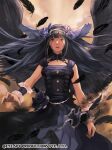  1girl bangs black_dress black_hair black_wings blunt_bangs breasts brown_eyes copyright_name dress fallen_angel feathered_wings feathers force_of_will headdress looking_at_viewer medium_breasts muraicchi_(momocchi) official_art solo wings wrist_cuffs 