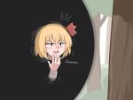  1girl ? blonde_hair blood constricted_pupils english_commentary english_text fang flying forest hair_ribbon highres jitome mata_(matasoup) nature nosebleed open_mouth red_eyes red_ribbon ribbon rumia rumia_(darkness) solo tearing_up touhou tree 