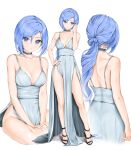  1girl bangs bare_arms bare_legs bare_shoulders blue_eyes blue_hair chaesu dress full_body grey_choker grey_dress hand_on_hip high_heels highres long_hair low_ponytail minah_(chaesu) multiple_views original simple_background sleeveless sleeveless_dress spaghetti_strap standing strappy_heels thighs very_long_hair white_background 