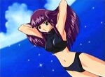  1girl bikini breasts green_eyes kazama_itsuki kidou_senkan_nadesico long_hair looking_at_viewer non-web_source purple_hair solo swimsuit 