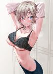  1girl absurdres anastasia_(idolmaster) aqua_eyes armpits arms_up black_bra blush bra breasts cleavage grey_hair highres idolmaster idolmaster_cinderella_girls lace-trimmed_bra lace_trim locker locker_room looking_at_viewer medium_breasts open_mouth rum_raisin_(chihiromakita19) shirt short_hair skindentation solo steaming_body sweat sweatdrop thighhighs underboob underwear undressing white_shirt 