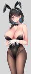  1girl animal_ears bangs bare_shoulders black_hair black_leotard blur_censor blush bow bowtie breasts censored cleavage detached_collar fake_animal_ears fishnet_pantyhose fishnets glasses gloves green_eyes highres hip_bones large_breasts leotard long_hair looking_at_viewer original osisio pantyhose playboy_bunny rabbit_ears rabbit_tail red-framed_eyewear smile solo strapless strapless_leotard tail white_gloves wrist_cuffs 
