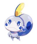  blue_eyes bright_pupils closed_mouth commentary_request frown hand_up highres holding no_humans nume_0859 pokemon pokemon_(creature) sobble solo white_background white_pupils 