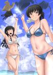  &gt;_&lt; 2girls :d ^_^ absurdres amagami bangs barefoot beach bikini black_hair blue_bikini breasts closed_eyes commentary_request highres jishaku_(user_rcuz2843) long_hair looking_at_viewer medium_breasts morishima_haruka multiple_girls navel outdoors smile swimsuit tsukahara_hibiki white_bikini xd 