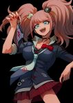  1girl :d absurdres bangs bear_hair_ornament black_background black_bra black_choker black_necktie black_shirt bow bra breasts choker cleavage collarbone cowboy_shot danganronpa:_trigger_happy_havoc danganronpa_(series) enoshima_junko fingernails grey_eyes grey_necktie hair_ornament hand_up highres holding holding_clothes holding_panties holding_underwear large_breasts long_hair looking_at_viewer miniskirt nail_polish necktie panties panties_removed plaid plaid_skirt pleated_skirt red_bow red_nails red_skirt sharp_fingernails shirt simple_background skirt smile solo teeth twintails underwear upper_teeth youko-shima 