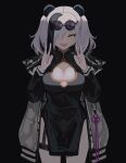  1girl :d absurdres animal_ears arknights bangs black_background black_dress breasts china_dress chinese_clothes cleavage cleavage_cutout clothing_cutout cowboy_shot double_v dress feater_(arknights) grey_hair hair_over_one_eye hands_up highres jacket long_hair long_sleeves looking_at_viewer open_clothes open_jacket open_mouth panda_ears simple_background smile solo standing tianshi_xiang twintails v yellow_eyes 