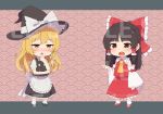  2girls apron ascot back_bow bangs bare_shoulders blonde_hair blush border bow braid brown_eyes brown_hair buttons chibi collared_shirt detached_sleeves dress eyes_visible_through_hair frills full_body grey_border grey_bow grey_dress grey_footwear grey_headwear hair_ornament hair_tubes hakurei_reimu hand_on_own_face hand_up hands_up hat hat_bow kanpa_(campagne_9) kirisame_marisa long_sleeves looking_at_viewer looking_up multiple_girls open_mouth outside_border pink_background pointing puffy_short_sleeves puffy_sleeves red_bow red_footwear red_shirt red_skirt seigaiha shirt shoes short_sleeves single_braid skirt socks standing teeth tongue touhou wavy_background white_apron white_bow white_shirt white_socks wide_sleeves witch_hat yellow_ascot 