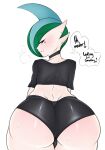  2020 big_butt blue_hair bodily_fluids butt clothed clothing ear_piercing english_text gallade generation_4_pokemon girly green_hair hair hi_res male nintendo not_furry piercing pokemon pokemon_(species) red_eyes saltyxodium solo sweat text video_games white_body 