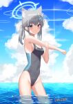  1girl absurdres animal_ear_fluff animal_ears bangs black_swimsuit blue_archive blue_eyes blue_sky breasts cloud commentary_request competition_swimsuit contrail covered_navel cross_hair_ornament extra_ears grey_hair hair_ornament halo highres horizon looking_at_viewer low_ponytail m1a1carbine medium_breasts medium_hair mismatched_pupils multicolored_clothes multicolored_swimsuit one-piece_swimsuit shiroko_(blue_archive) shiroko_(swimsuit)_(blue_archive) sky soaking_feet solo standing swimsuit water 