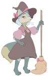  2022 absurd_res anthro artist_name barefoot blush broom canid cleaning_tool clothing dated digital_media_(artwork) dress feet female fur hat headgear headwear hi_res holding_object mammal purple_eyes simple_background solo standing tohupo 