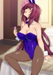  1girl animal_ears bangs bare_shoulders breasts cleavage commentary_request condom detached_collar fake_animal_ears fate/grand_order fate_(series) haruhisky highres holding holding_condom indoors large_breasts leotard long_hair looking_at_viewer official_alternate_costume on_bed pantyhose playboy_bunny purple_hair purple_leotard rabbit_ears red_eyes scathach_(fate) scathach_(piercing_bunny)_(fate) sitting sitting_on_bed solo wrist_cuffs 