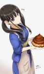  1girl apron bangs black_hair blue_kimono cake closed_mouth dutch_angle food hair_over_shoulder highres holding holding_cake holding_food holding_plate inoue_takina japanese_clothes kimono long_hair looking_at_viewer looking_up lycoris_recoil plate purple_eyes sash sidelocks simple_background smile solo tea_(nakenashi) twintails twitter_username waist_apron white_apron white_background yellow_sash 