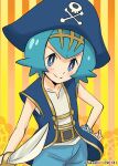  1girl alternate_costume belt blue_coat blue_eyes blue_hair blush bracelet bright_pupils closed_mouth coat commentary_request freckles hairband hand_on_hip hat highres holding holding_sword holding_weapon jewelry lana_(pokemon) logo looking_at_viewer no_sclera open_clothes open_coat pants pirate_costume pirate_hat pokemon pokemon_(anime) pokemon_sm_(anime) shinohara_takashi shirt short_hair smile solo sword twitter_username weapon white_pupils white_shirt yellow_hairband z-ring 
