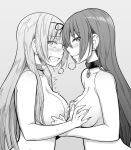  2girls bangs blush breast_grab breasts clenched_teeth closed_mouth collar collarbone commentary_request earrings grabbing grey_background greyscale hair_ribbon heart jewelry large_breasts monochrome multiple_girls nipple_tweak nipples nose_blush nude original parted_lips ribbon simple_background smug solo stud_earrings suzushiro_nazuna tearing_up tears teeth upper_body 