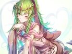 1girl absurdres bare_shoulders bracelet clear_glass_(mildmild1311) dragonstone dress fire_emblem fire_emblem:_mystery_of_the_emblem fire_emblem_awakening green_eyes green_hair highres jewelry long_hair looking_at_viewer necklace one_eye_closed pink_dress pointy_ears ponytail short_dress side_slit signature simple_background sitting smile solo stone tiara tiki_(fire_emblem) twitter_username upper_body 