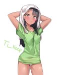  1girl arms_behind_head artist_name asymmetrical_bangs bangs black_hair blush breasts brown_eyes closed_mouth collarbone contrapposto covered_nipples cowboy_shot dark-skinned_female dark_skin earclip green_shirt highres ijiranaide_nagatoro-san looking_at_viewer nagatoro_hayase panties pointy_breasts shirt simple_background small_breasts solo ti_keep towel towel_on_head underwear white_background white_panties 