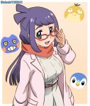  1girl :d adjusting_eyewear bangs belt blue_eyes blush border brown_belt coat commentary_request croagunk eyelashes hand_up highres lauren_(pokemon) long_hair long_sleeves looking_at_viewer open_clothes open_coat open_mouth pink_coat piplup pokemon pokemon_(anime) pokemon_journeys psyduck purple_hair scarf shinohara_takashi sidelocks smile tongue twitter_username white_border 