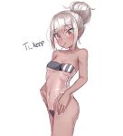  1girl artist_name bare_shoulders black_swimsuit breasts brown_eyes candy casual_one-piece_swimsuit cleavage collarbone covered_navel cowboy_shot dark_skin double_vertical_stripe food food_in_mouth grey_hair gris_swimsuit groin hair_between_eyes hair_bun hands_on_hips highleg highleg_swimsuit highres lollipop looking_at_viewer meme_attire one-piece_swimsuit original see-through see-through_swimsuit shiny shiny_clothes sidelocks simple_background small_breasts solo strapless strapless_swimsuit swimsuit ti_keep tsurime underboob white_background 