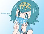  1girl aqua_eyes blue_background blue_sailor_collar bracelet bright_pupils commentary_request double_w green_hair hairband hands_up jewelry lana_(pokemon) looking_at_viewer mask no_sclera pokemon pokemon_(anime) pokemon_sm_(anime) sailor_collar shinohara_takashi shirt short_hair sleeveless sleeveless_shirt solo twitter_username upper_body w wave_print white_pupils white_shirt yellow_hairband z-ring 