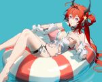  1girl afloat ahoge arknights bare_shoulders barefoot bikini black_bikini breasts burnt_clothes cleavage collarbone detached_sleeves feet_out_of_frame food hair_intakes hair_ornament hair_rings heqing highres holding holding_food horns innertube long_hair long_sleeves looking_at_viewer lying medium_breasts official_alternate_costume on_back parted_lips popsicle purple_eyes red_hair solo star_(symbol) star_hair_ornament surtr_(arknights) surtr_(colorful_wonderland)_(arknights) swimsuit swimsuit_cover-up thigh_strap very_long_hair 