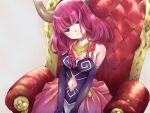  1girl aura_(sousou_no_frieren) bangs bare_shoulders blunt_bangs braid breasts cleavage clothing_cutout demon_girl demon_horns dress hands_on_lap head_tilt horns jewelry looking_at_viewer navel navel_cutout purple_eyes red_hair simple_background sitting smile solo sousou_no_frieren throne x_hmk_x 
