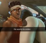  2boys absurdres ass brown_eyes brown_hair car_interior commentary dark_skin demonicboimike earrings english_commentary he_wants_to_order_(meme) highres hoop_earrings jean_pierre_polnareff jewelry jojo_no_kimyou_na_bouken looking_at_viewer male_focus meme mohammed_avdol multiple_boys muscular muscular_male twitter_username very_dark_skin white_hair 