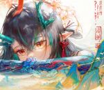  1girl arknights bare_shoulders bead_bracelet beads black_hair blue_skin bracelet cherry_blossoms colored_skin daylightallure dragon_horns dusk_(arknights) dusk_(everything_is_a_miracle)_(arknights) earrings gradient_skin green_hair hair_rings highres horns jewelry long_hair mountain multicolored_hair official_alternate_costume orange_eyes pointy_ears sleeveless solo streaked_hair tassel tassel_earrings two-tone_hair upper_body 