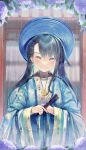  absurdres ao_nhat_binh black_hair blue_dress dress eri_(31530139) flower highres khan_van original rain smile vietnam vietnamese_clothes vietnamese_dress 