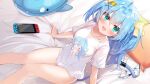  1girl aqua_eyes bed bed_sheet blue_hair bottomless bow breasts denfunsan dutch_angle hair_between_eyes hair_bow hair_ornament highres long_hair looking_at_viewer medium_breasts naked_shirt nintendo_switch no_panties on_bed shirt short_sleeves sitting smile smiley_face solo tail virtual_youtuber yellow_bow 