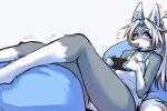  anthro breasts butt canid canine canis clothed clothing digital_media_(artwork) female fingers fur furniture game_console gaming grey_body grey_fur hair holding_object long_hair looking_back mammal nintendo nintendo_switch okami_bark ookamiwaho open_mouth panties pillow playing_videogame ponytail purple_eyes shirt simple_background smile solo tank_top tongue topwear underwear video_games white_body white_fur white_hair wolf 
