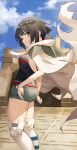  1girl anklet bangs belt black_hair black_shirt breasts cloak cloud commentary_request day fagi_(kakikaki) from_side grey_shorts highres jewelry outdoors over-kneehighs parted_lips pokemon pokemon_(game) pokemon_oras red_belt red_eyes rope_belt shirt short_shorts shorts sky smile solo standing thighhighs zinnia_(pokemon) 