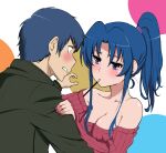  1boy 1girl alternate_hairstyle black_jacket blue_eyes blue_hair blush breasts cleavage collarbone embarrassed food grapingu highres jacket kawashima_ami long_hair looking_at_another off-shoulder_sweater off_shoulder pink_nails pocky pocky_in_mouth ponytail red_sweater ribbed_sweater short_hair sweater takasu_ryuuji toradora! 