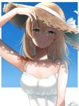  1girl absurdres alternate_costume bangs blonde_hair blue_background blue_eyes blush breasts casual cleavage closed_mouth commentary crossed_bangs dappled_sunlight dress hand_on_headwear hat highres hololive kazama_iroha looking_at_viewer medium_breasts medium_hair shade sleeveless sleeveless_dress smile solo spaghetti_strap straw_hat sunlight upper_body virtual_youtuber white_dress yoshioka_(today_is_kyou) 