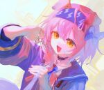  1girl 1other :d animal_ears arknights bangs black_choker black_hairband braid cat_ears choker collarbone comb cutting_hair goldenglow_(arknights) hairband highres holding holding_another&#039;s_hair holding_scissors jacket lightning_bolt_print long_hair long_sleeves myluche open_clothes open_jacket open_mouth orange_eyes pink_hair purple_jacket scissors side_braid smile solo_focus 