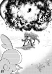  animal_focus commentary explosion flower from_behind full_body grass greyscale grookey highres holding holding_sword holding_weapon maki_(letusgomaki) monochrome mouth_hold no_humans over_shoulder pokemon pokemon_(creature) silhouette sobble standing sword translated weapon zacian zacian_(crowned) 