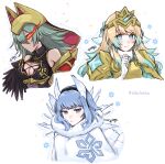  3girls bare_shoulders black_feathers black_hairband blonde_hair blue_eyes blue_hair breasts cleavage cleavage_cutout clothing_cutout coat crown dark-skinned_female dark_skin earrings feather_trim feathers fire_emblem fire_emblem_heroes fjorm_(fire_emblem) flaming_eye gloves gradient_hair green_hair hairband highres ice_horns jewelry laegjarn_(fire_emblem) medium_breasts misato_hao multicolored_hair multiple_girls nifl_(fire_emblem) official_alternate_costume official_alternate_hairstyle signature simple_background snowflakes twitter_username upper_body white_background white_gloves 