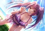  1girl all_fours beach beach_towel bikini blue_sky breasts cleavage cloud cloudy_sky collarbone daifuku fate/grand_order fate_(series) food_in_mouth frilled_bikini frills giving_food horizon ice large_breasts looking_at_viewer ocean off-shoulder_bikini off_shoulder purple_bikini purple_hair purple_swimsuit red_eyes saliva sand scathach_skadi_(swimsuit_ruler)_(fate) sky solo sweat swimsuit toshi_(1-147) towel twintails 