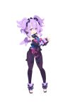  1girl absurdres bangs blush breasts bright_pupils disgaea elbow_gloves fang full_body gloves harada_takehito highres large_breasts long_hair makai_senki_disgaea_7 official_art open_mouth pelvic_curtain photoshop_(medium) pointy_ears purple_eyes purple_hair purple_wings sandals simple_background solo standing toeless_footwear two_side_up white_background wings 