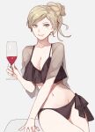  1girl alcohol arm_support bangs bikini black_bikini blonde_hair blue_eyes border breasts cleavage collarbone cowboy_shot cup drinking_glass grey_background groin hair_between_eyes hand_up highres holding holding_cup kantai_collection kasumi_(skchkko) leaning_on_object leaning_to_the_side looking_at_viewer medium_breasts midriff mole mole_under_eye mole_under_mouth navel richelieu_(kancolle) short_hair side-tie_bikini side_ponytail simple_background sitting solo standing swept_bangs swimsuit white_border wine wine_glass 