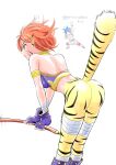  1boy 1girl absurdres animal_ears ass bandaged_leg bandages breasts breath_of_fire breath_of_fire_ii bustier cat_ears cat_tail facial_mark fingerless_gloves gloves hayashialata highres open_mouth orange_hair pointy_ears rinpoo_chuan ryuu_(breath_of_fire_ii) short_hair simple_background staff tail white_background 