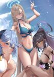 3: 3girls :/ absurdly_long_hair absurdres ako_(blue_archive) all_fours arm_strap arm_tattoo arm_up armpits asuna_(blue_archive) bare_arms bare_legs bare_shoulders bell bikini black_hair black_hairband black_leotard blue_archive blue_bikini blue_choker blue_eyes blue_hair blue_sky blush breasts choker cleavage closed_mouth cloud cross-laced_clothes crossed_legs dark-skinned_female dark_skin dutch_angle earrings gradient_hair hair_between_eyes hair_over_one_eye hairband halo halter_top halterneck hand_on_hip high_ponytail highleg highleg_leotard highres jewelry karin_(blue_archive) katagirinanoka large_breasts legs_together leotard light_brown_hair long_hair looking_at_viewer mole mole_on_breast multicolored_hair multiple_girls navel neck_bell number_tattoo one_eye_covered outdoors ponytail purple_hair sideboob sidelocks sitting sky smile standing stomach straight_hair strapless strapless_leotard stud_earrings swimsuit tattoo thigh_gap v very_long_hair white_bikini yellow_eyes 